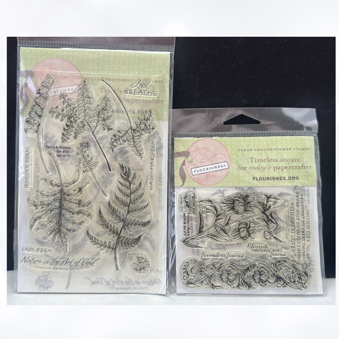 Flourishes FERNS & FIDDLES Fuschia Flowers Greenery Rubber Stamps Lot of 2