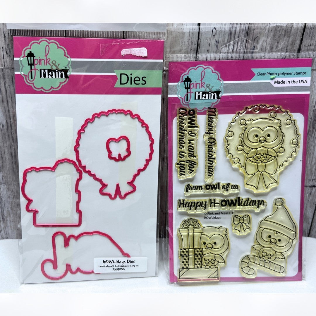 Pink & Main HOWLIDAYS Owls Christmas Holiday Rubber Stamps Dies