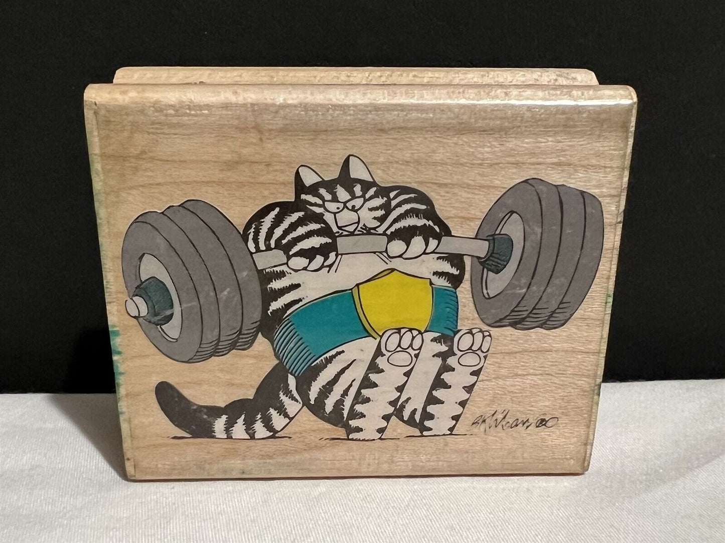 B Kliban IT AIN'T HEAVY Cat Weight Lifting Exercise 089-E Rubber Stamp Rare