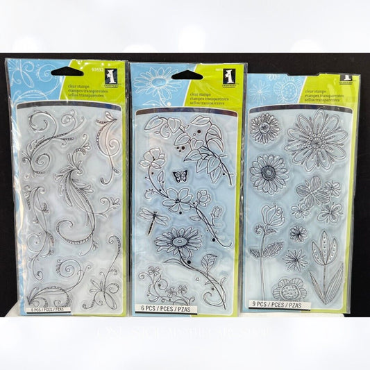 Inkadinkado DOODLE FLOWERS Stems Flourish Floral 4x8 Rubber Stamps Lot