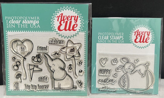 Avery Elle HAPPY EASTER Elephant Bunny Rabbit Rubber Stamps Lot of 2