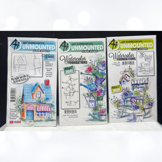Art Impressions COTTAGE Rocker Watering Cans Watercolor Rubber Stamps Lot