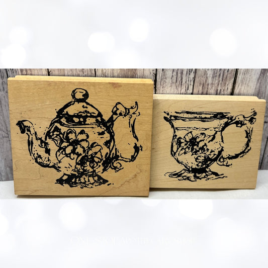 Art Impressions TEA POT & CUP Kettle Party Rubber Stamps Lot of 2