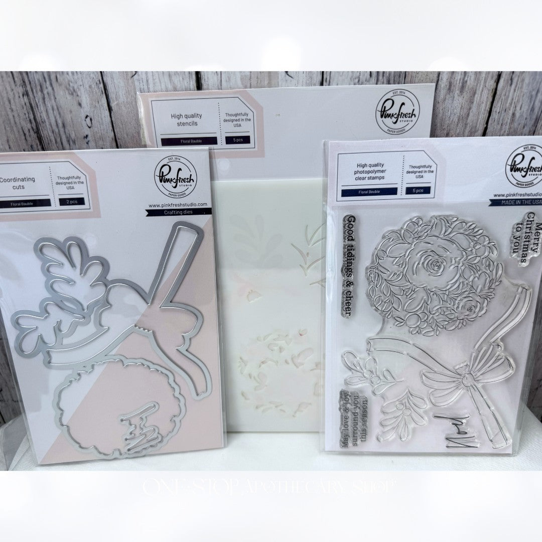Pinkfresh Studio FLORAL BAUBLE Christmas Ornament Rubber Stamps Dies Stencils