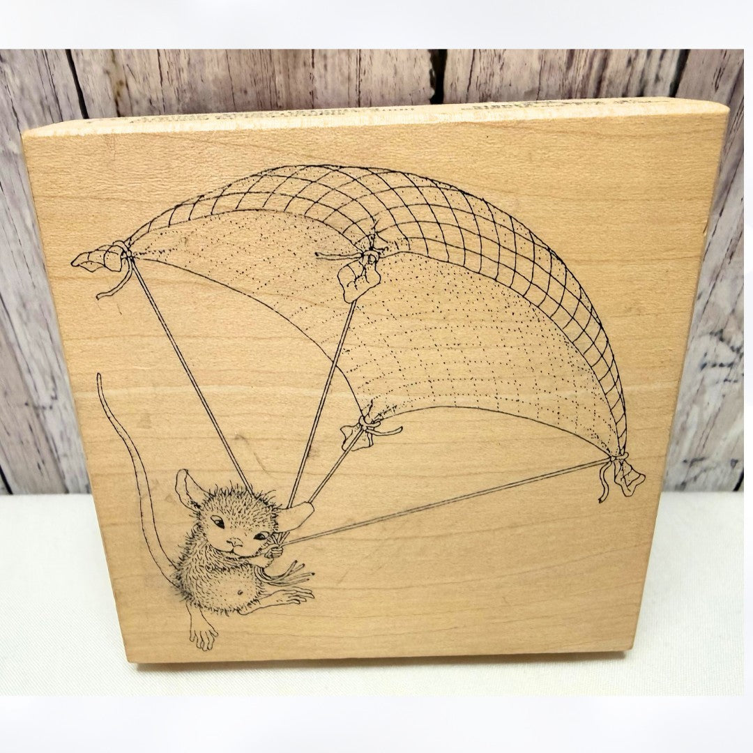 House Mouse COMIN DOWN Parachute Monica Mice Rubber Stamp