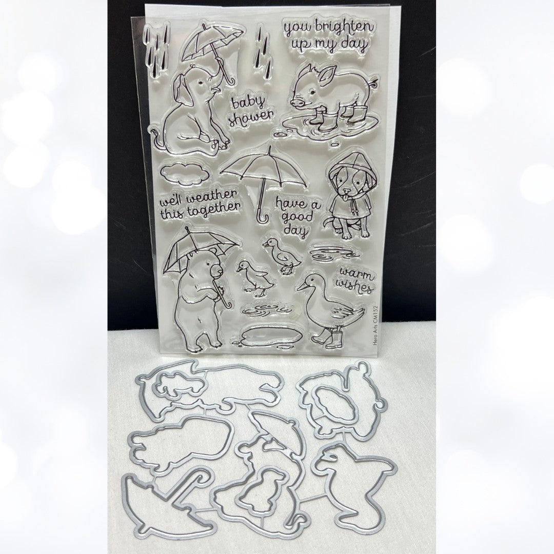 Hero Arts FUN IN THE RAIN Animals Pig Bear Elephant CMS152 Rubber Stamps Dies