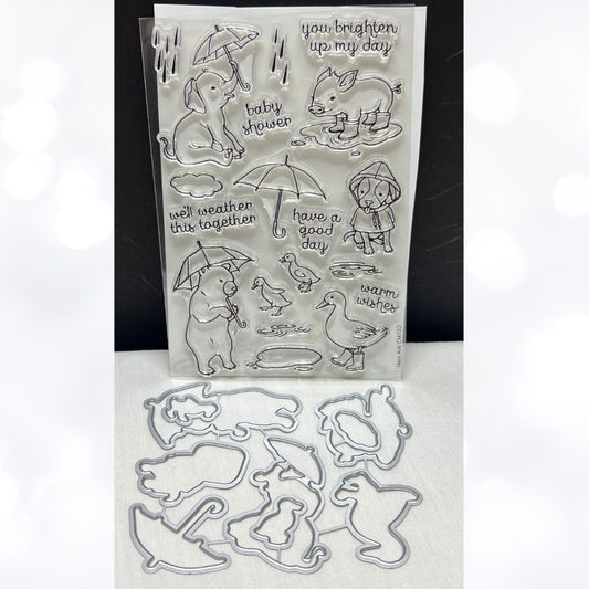 Hero Arts FUN IN THE RAIN Animals Pig Bear Elephant CMS152 Rubber Stamps Dies