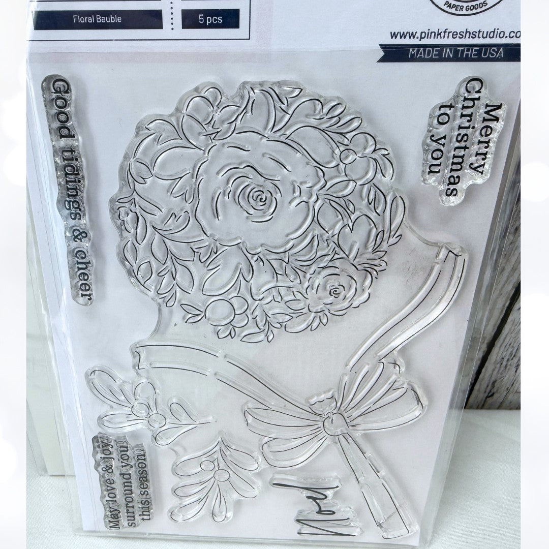 Pinkfresh Studio FLORAL BAUBLE Christmas Ornament Rubber Stamps Dies Stencils