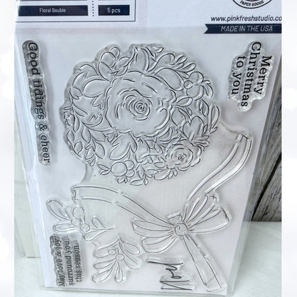 Pinkfresh Studio FLORAL BAUBLE Christmas Ornament Rubber Stamps Dies Stencils
