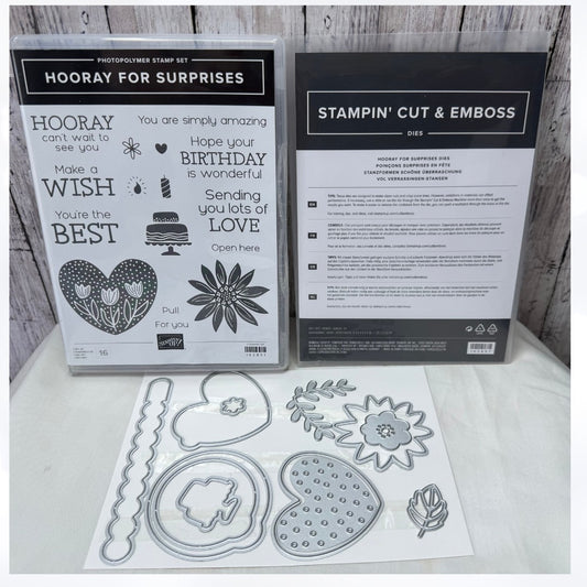 Stampin Up HOORAY FOR SURPRISES Valentines Day Birthday Rubber Stamps Dies