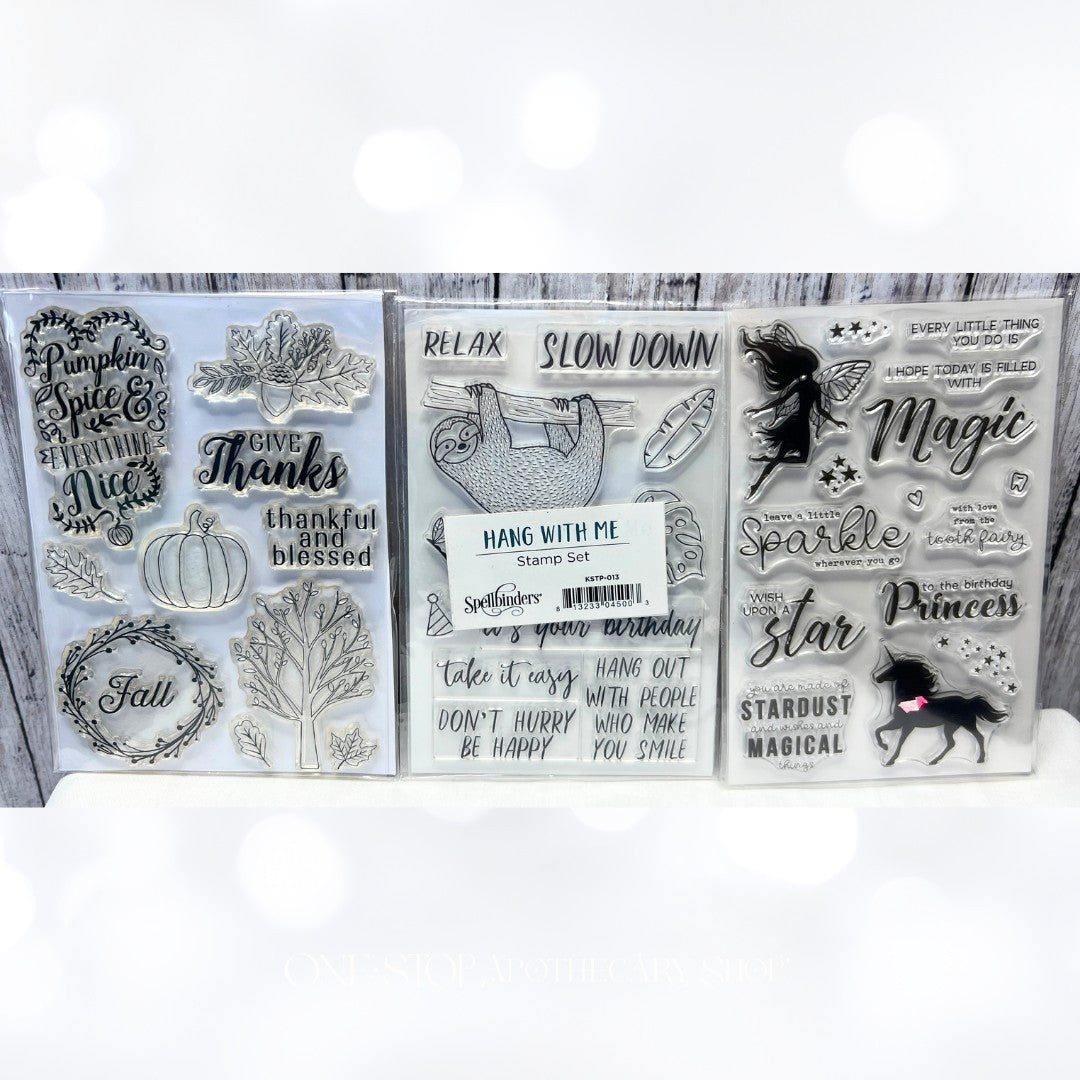 Spellbinders FAIRIES & UNICORNS Sloth Fall Autumn Rubber Stamps Lot