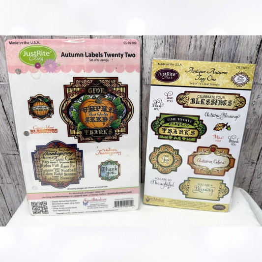 Justrite Stamps ANTIQUE AUTUMN TAGS Labels Fall Rubber Stamps Lot of 2