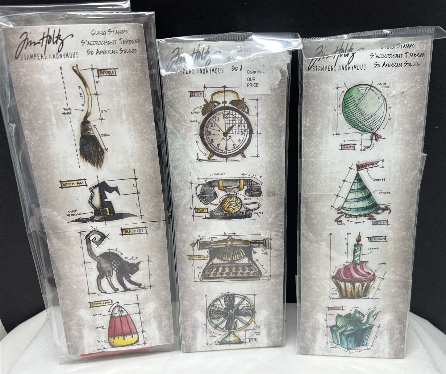 Tim Holtz VINTAGE THINGS Halloween Birthday Party Cling Rubber Stamps Lot of 3