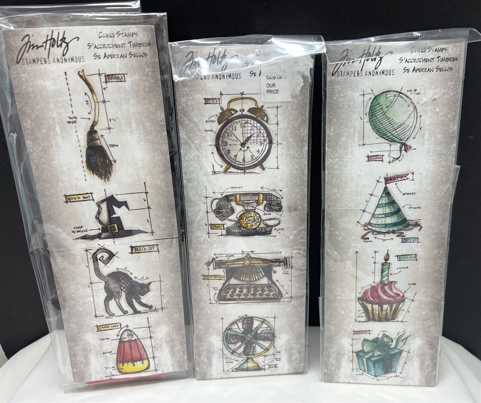 Tim Holtz VINTAGE THINGS Halloween Birthday Party Cling Rubber Stamps Lot of 3