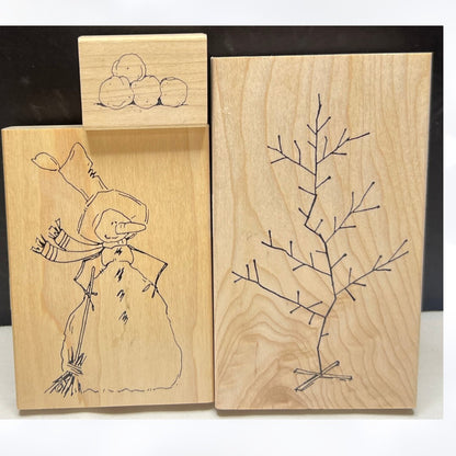 Judith SNOWMAN Christmas Tree Snowballs Rubber Stamps Lot of 3