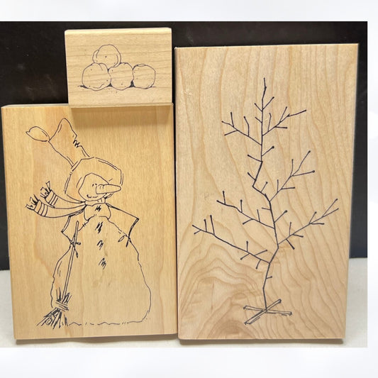 Judith SNOWMAN Christmas Tree Snowballs Rubber Stamps Lot of 3