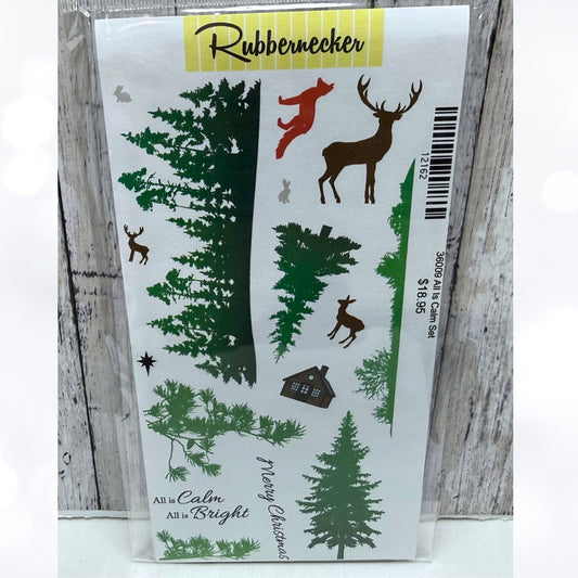 Rubbernecker ALL IS CALM Christmas Landscape Deer Rubber Stamps