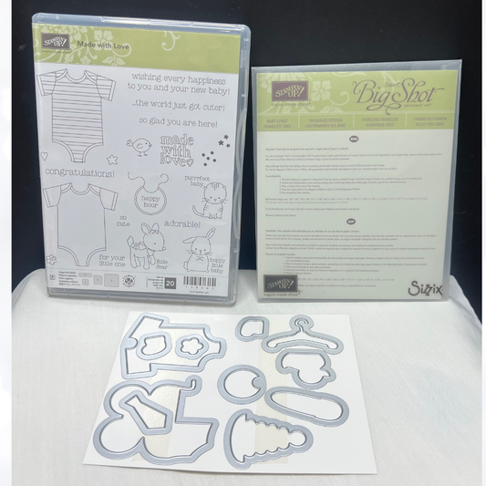 Stampin Up MADE WITH LOVE Baby Shower Boy Girl Rubber Stamps Dies Framelits