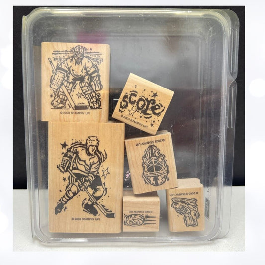 Stampin Up PUCK PLAY Hockey Sports Wood Rubber Stamps Rare