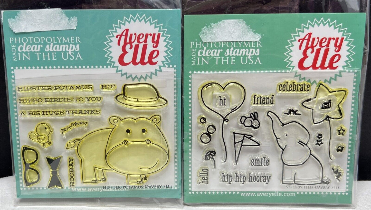 Avery Elle HIPSTER-POTAMUS Elephant Birthday Animals Rubber Stamps Lot of 2