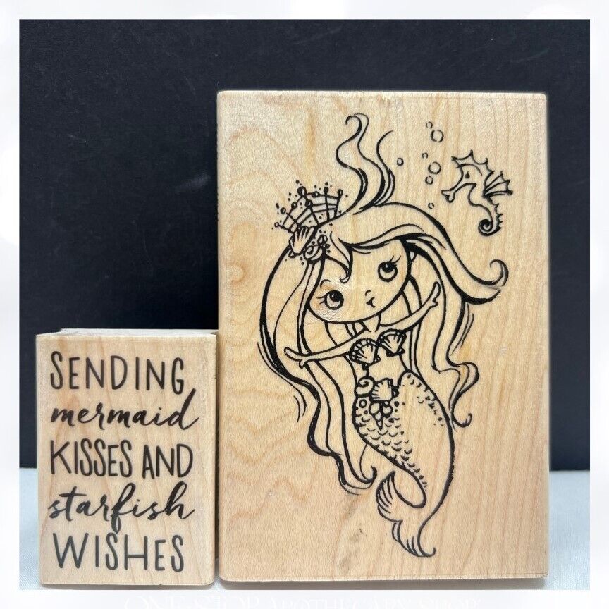 Stampendous Hero Arts MERMAID KIDDO Kisses Wood Rubber Stamps Lot of 2