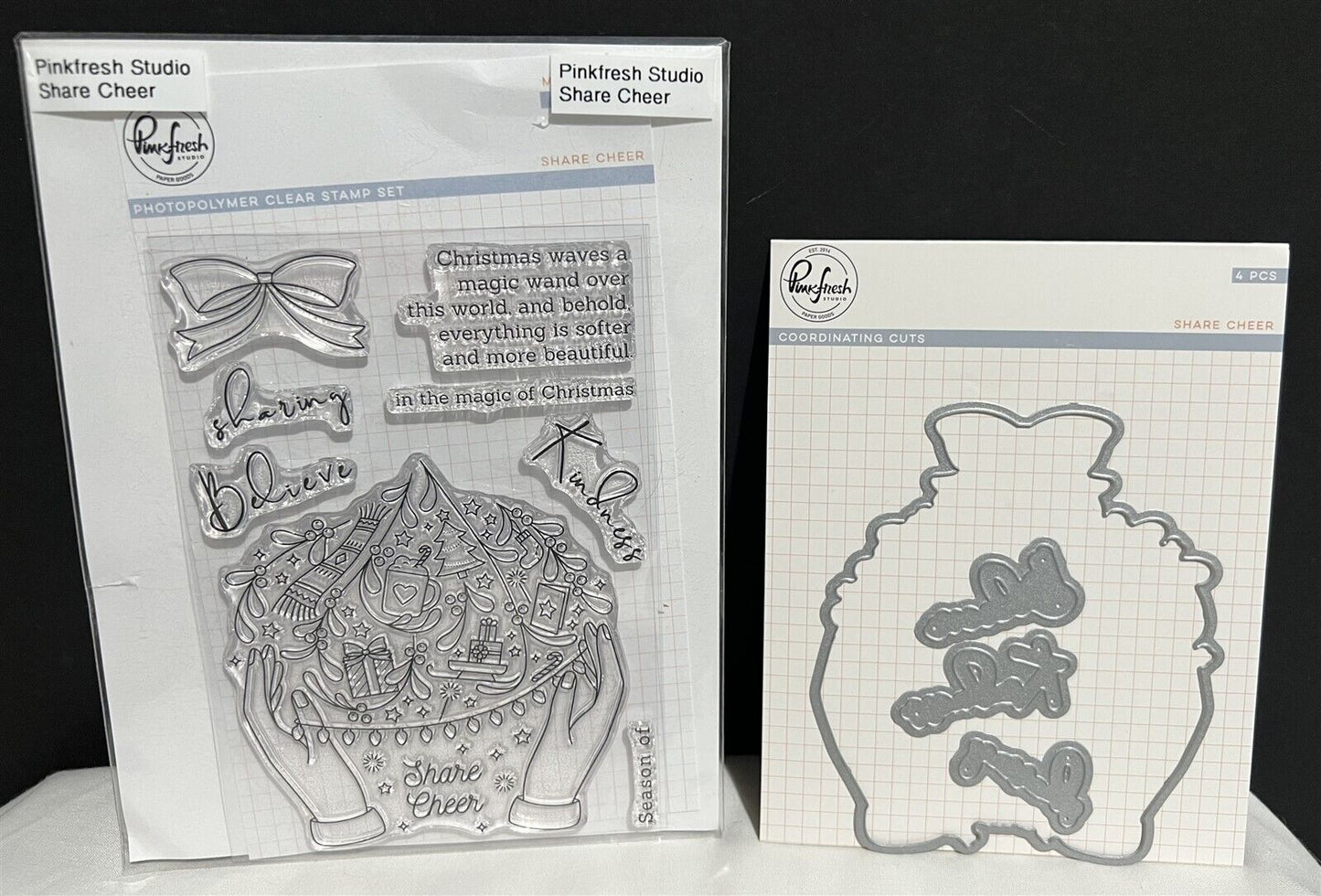 PinkFresh SHARE CHEER Christmas Holiday Rubber Stamps Dies Set