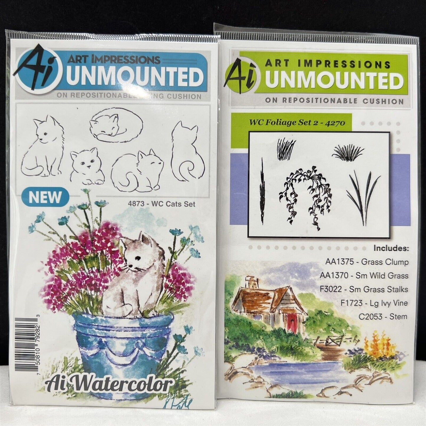 Art Impressions CATS & FOLIAGE Watercolor 4873 Rubber Stamps Lot of 2