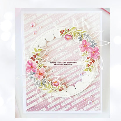 Pinkfresh Studios CHARMING FLORAL WREATH Flowers Rubber Stamps Dies