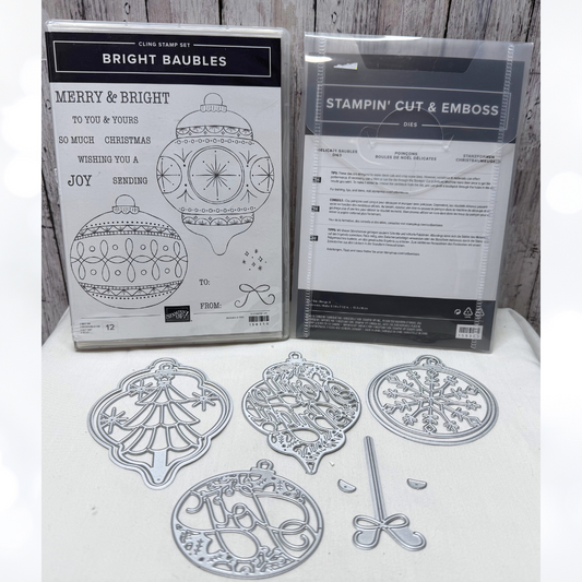 Stampin Up BRIGHT BAUBLES Christmas Ornaments Rubber Stamps Dies