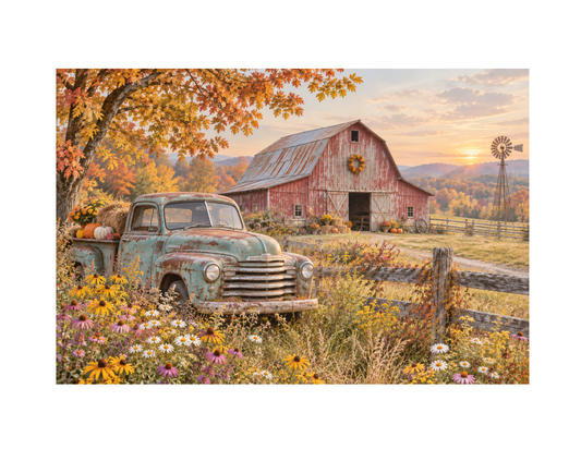 FALL BARN Vintage Truck Autumn Scene Rice Paper